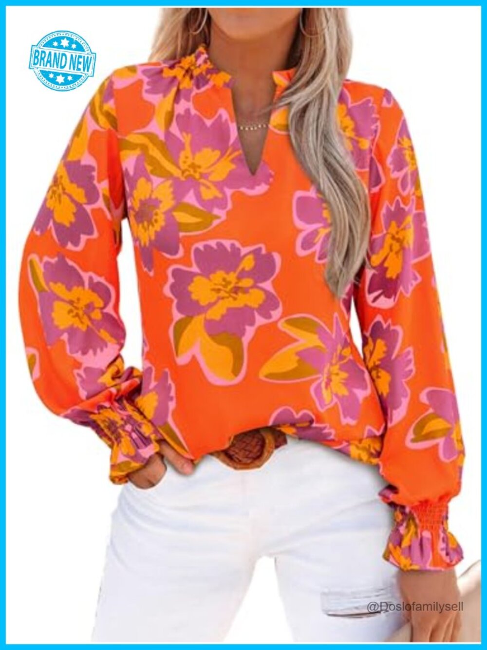 Womens Boho Floral Long Sleeve Loose Chiffon Blouse V-Neck Puff Sleeve